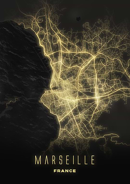 Marseille, France - Illuminated Night Coastal City Map, French Wall Art