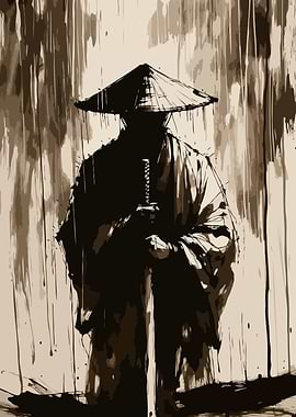 Samurai Warrior in the Rain Ink Art