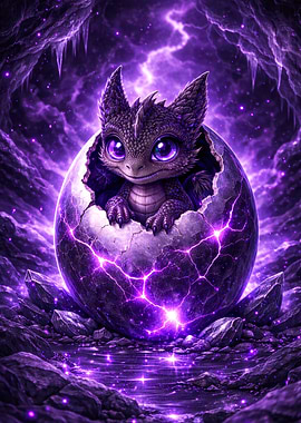 Baby Dragon Hatching from Crystal Dark Egg