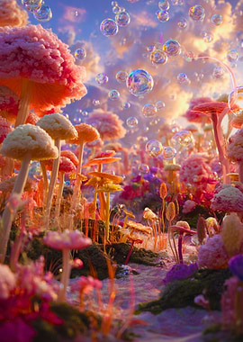 Magical Mushroom Forest with Bubbles