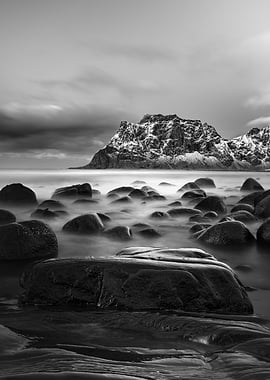 Monochromatic Coastal Mountain Landscape