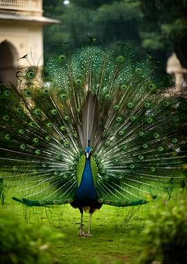 Peacock displaying feathers in rain