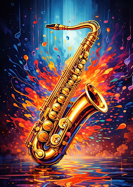Golden Saxophone with Colorful Music Notes