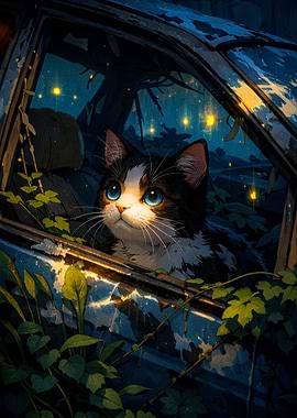 Cat in a broken car window