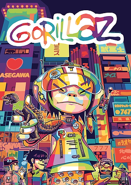 Gorillaz characters in a vibrant cityscape art