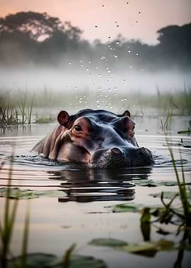 Hippopotamus emerging from misty water at dawn