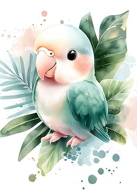 Cute Lovebird with Tropical Leaves