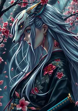 Kitsune Masked Woman with Cherry Blossoms