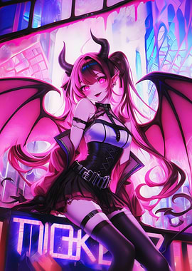 Anime Demon Girl with Pink Hair and Wings