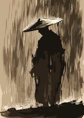 Samurai in the Rain Vintage Art
