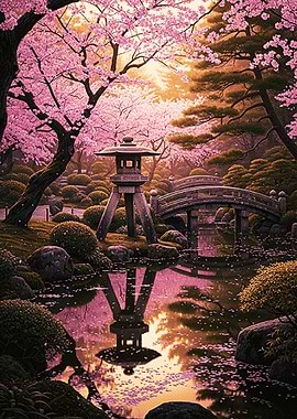 Japanese Garden with Cherry Blossoms