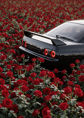 Black Nissan Skyline R32 in Rose Field