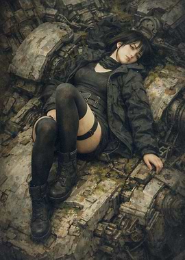 Woman in Black Outfit Lying on Debris