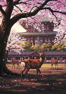Deer and Temple in Cherry Blossoms