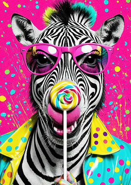 Neon Zebra Pop Portrait with Lollipop and Sunglasses