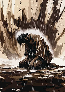 Man kneeling in the rain