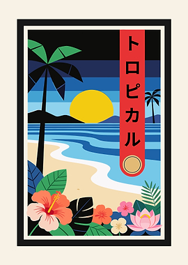 Tropical Beach Sunset with Japanese Text