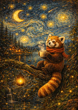 Red Panda Enjoying Coffee Under Starry Night