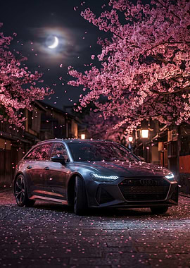 Car RS6 Cherry Blossoms Night Moon