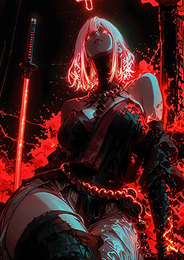 Fiery Samurai Woman with Glowing Sword
