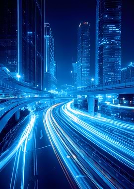 Blue Cityscape at Night with Light Trails