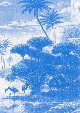 Egyptian Ibis birds by papyrus and palm trees