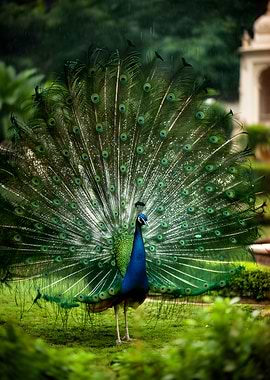 Peacock Displaying Feathers in Rain