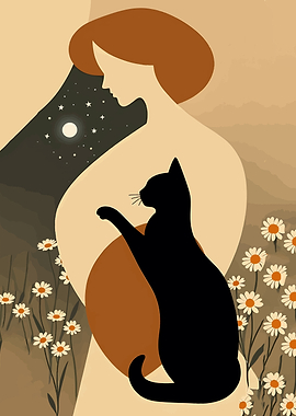 Woman Holding Black Cat Under Night Sky