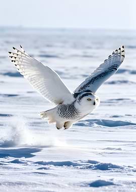 Snowy Owl in Flight Over Snow