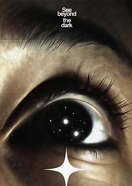 Eye reflecting stars and text