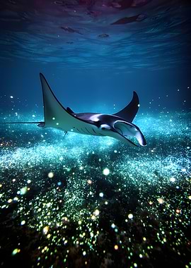 Manta Ray swimming in glowing ocean