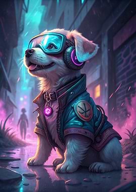 Cyberpunk Dog with Goggles and Headphones