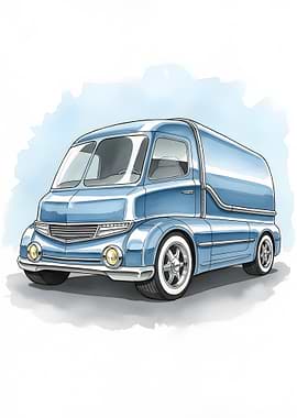 Retro Blue Delivery Van Watercolor Illustration