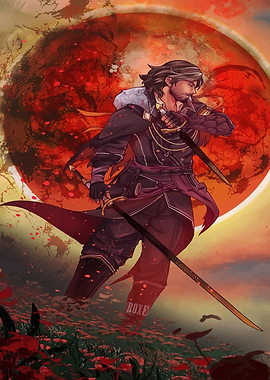 Man with Swords Under Red Moon