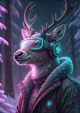 Cyberpunk Reindeer in Snowy Forest