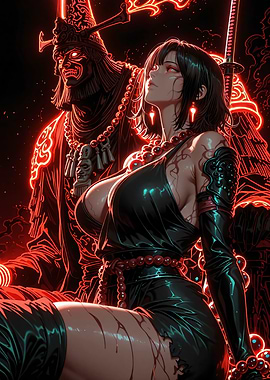 Samurai and Woman with Red Neon