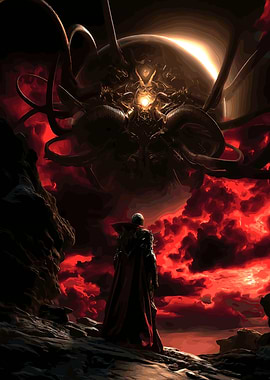 Man confronts cosmic entity in red sky