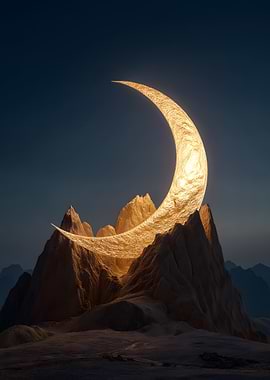 Golden Crescent Moon Over Mountains