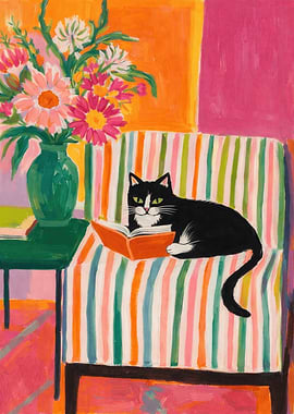 Cat Reading on a Striped Chair