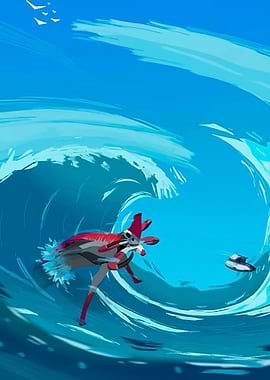 Creature surfing a giant wave