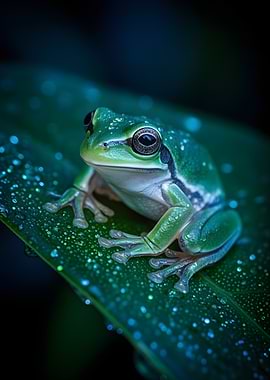 Green Tree Frog on Leaf with Dewdrops