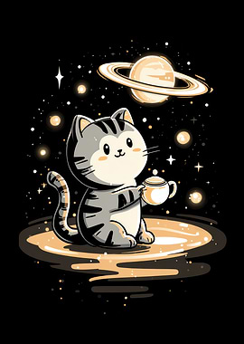 Cute Cat in Space with Saturn
