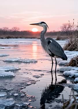 Heron at Sunrise on Icy River