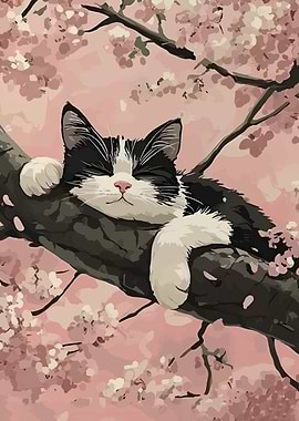 Sleeping Cat in Cherry Blossoms