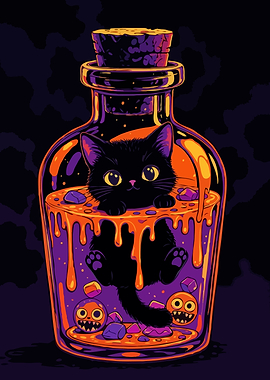 Black Cat in a Potion Bottle Art