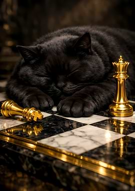 Chubby Black Cat Sleeping on Marble Chess Board