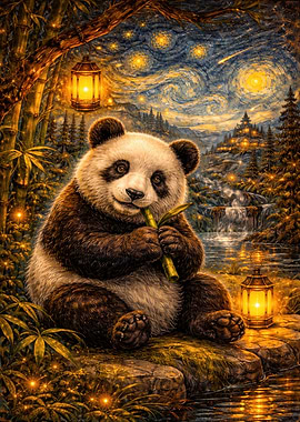 Panda Eating Bamboo Under Starry Night Sky