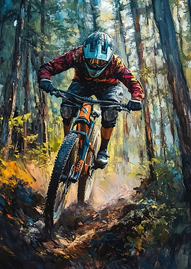 Mountain Biker Descending a Forest Trail