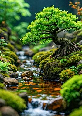 Bonsai tree by a stream