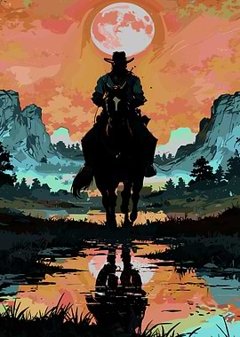 Cowboy Riding Horse Under Full Moon